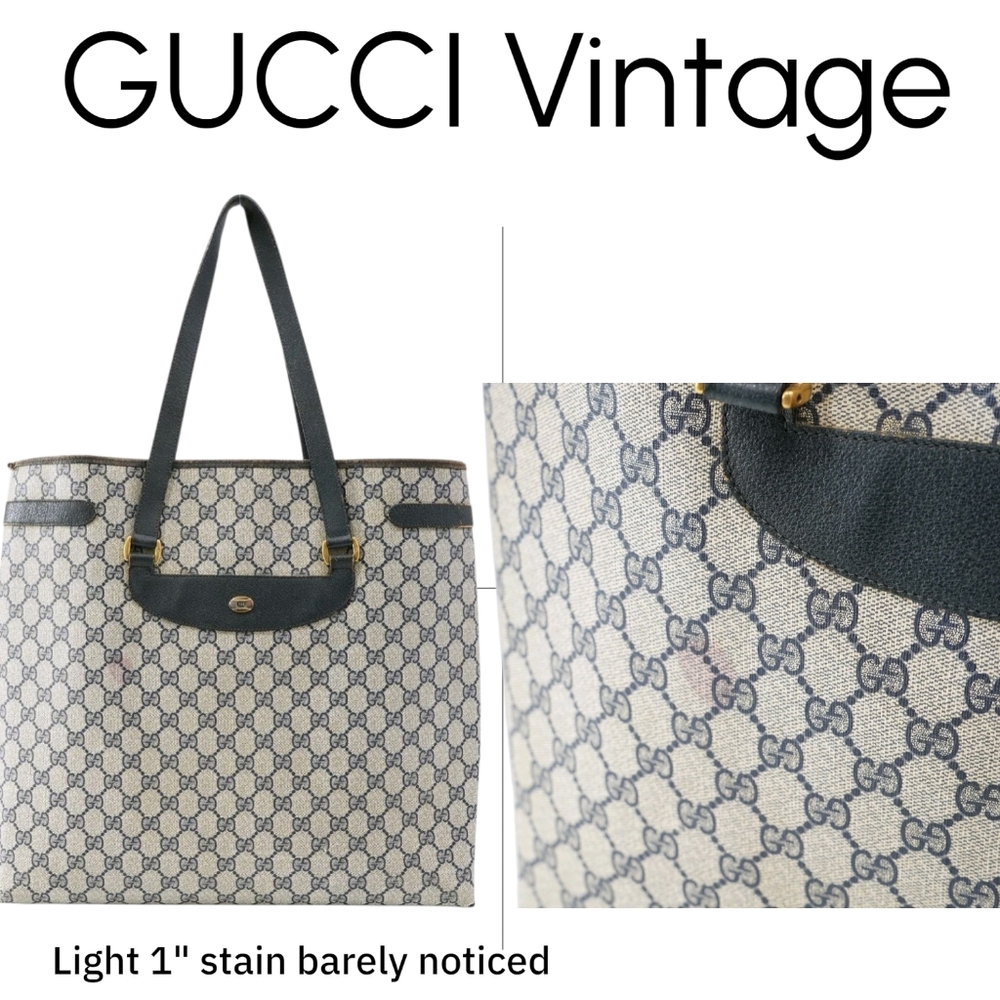 GUCCI GG Vintage Tote Big Shopper Rare Navy Leather Bag 39.02.061 Sherry Purse - Picture 14 of 16